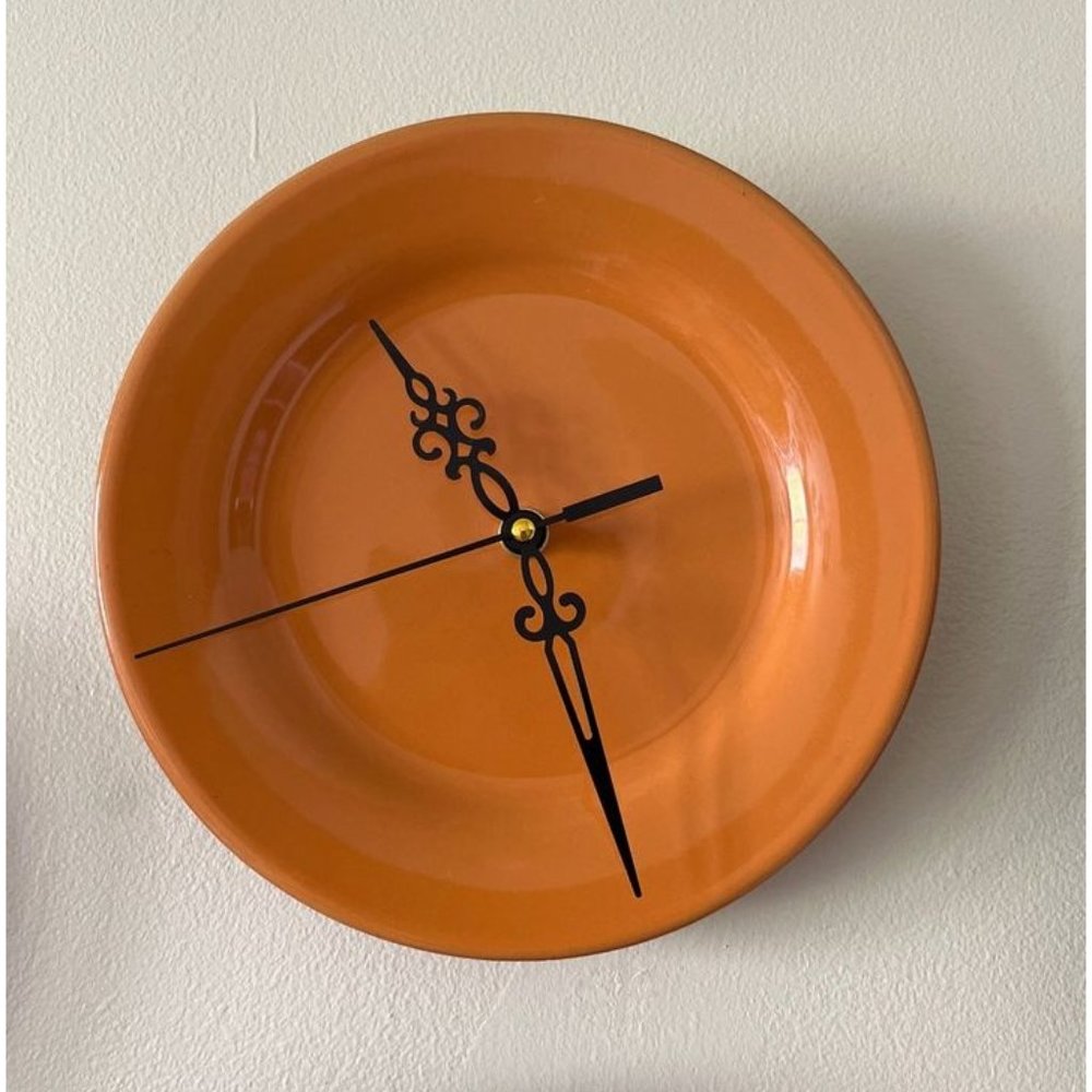 Plate Clock - Orange Vintage Dinner Plate Clock - 8.5” w/ black ornate hands